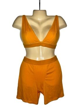 Women's Two-Piece Lounge Set - Mustard Yellow Bralette & Shorts